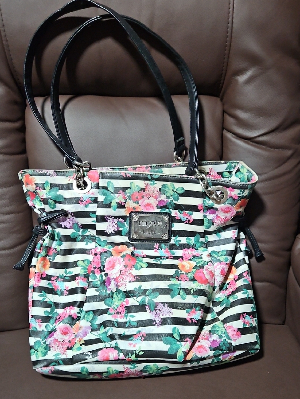 Nicole Miller Black & White Striped Floral Shoulder Tote
